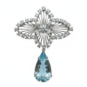 Retro Platinum Diamond & Aquamarine Brooch