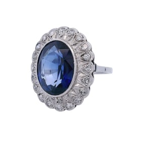 Antique Platinum Diana Princess Ring with Diamonds and synthetic Sapphire