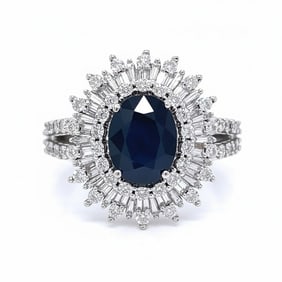 14kt white Gold Ring with 3.00 CTW in blue Sapphire and Diamonds