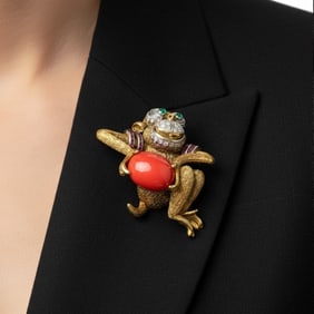 1960’s 18K Yellow Gold Diamond, Ruby, and Coral Monkey Brooch