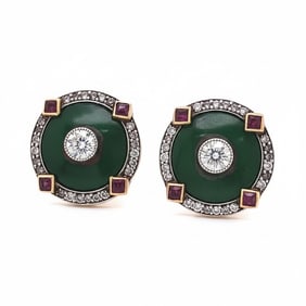 Antique Art Deco Jade, Diamond, and Ruby Earrings in 18K Gold and Platinum