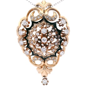 Georgian 14kt yellow Gold Pendant Brooch with enamel and 2.06 CTS Diamonds