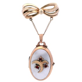 Antique 14kt Gold Broch Locket in 18kt Gold with Nacre