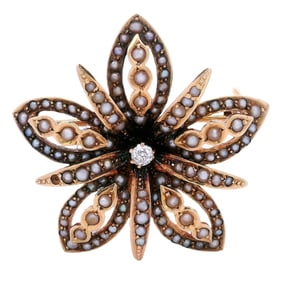Antique 14kt yellow Gold flower Brooch with Diamonds and seed Pearls