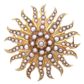 Hallmarked Victorian 14kt yellow Gold Pendant Brooch with natural Seed Pearls