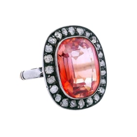 Edwardian 18kt yellow Gold Ring with Orange Sapphire and Diamonds with Certificate