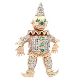 14kt yellow Gold articulated Clown Pendant Brooch with Diamonds and Emeralds