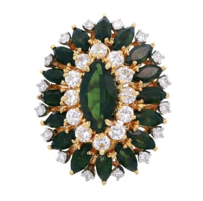 Cocktail 18kt yellow Gold navette Ring with 6.75 CTW in Grenn Tourmaline and Diamonds