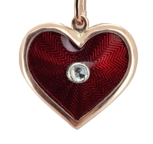 Vintage Imperial Era 14kt Rose Gold Diamond, Enamel Heart Pendant