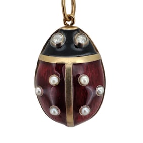 Vintage Imperial Era 14kt Rose Gold, Diamond, Enamel, Pearl Ledy Bag  Pendant