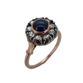 Vintage Imperial Era 14kt Rose Gold, Rose Cut Diamond Sapphire Engagement Ring