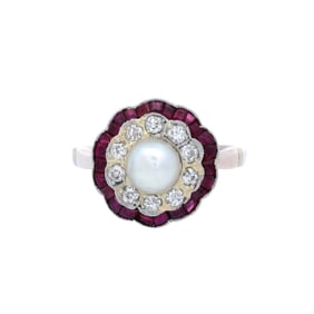 Antique Rosetta 18kt Gold Ring with Diamonds, Rubies and Natural Pearl
