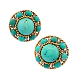Mid-century 18kt yellow Gold Clip-on Earrings with 22.90 Cts in Turquoises