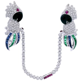 18kt white Gold Parrots Clip Brooches with Diamonds and Gemstones