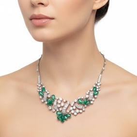 18K White Gold Diamond & Emerald Necklace
