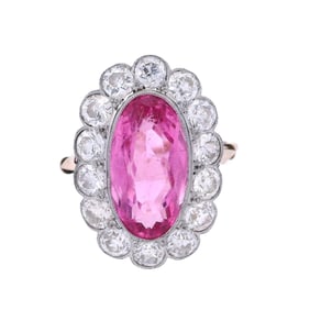 Edwardian 18kt yellow Gold & Platinum cluster Ring with Pink Tourmaline and Diamonds