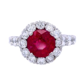 Vintage Platinum Halo Ring with vivid Ruby and Diamonds