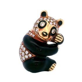 H. STERN Vintage 18kt Gold Enamel Panda clip Brooch with Diamonds