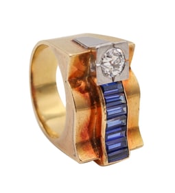 Deco Retro 1935 Tank Chevalier Ring In 18Kt Gold Platinum Diamond And Sapphires