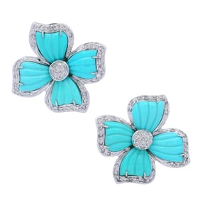 18kt white Gold flower Earrings with Turquoises & Diamonds