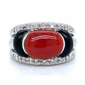 Platinum Diamond, Coral, and Onyx Ring