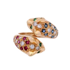 18kt yellow Gold doble Panther Ring with Diamonds and Gemstones
