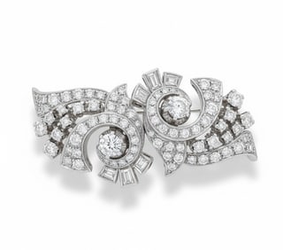 Art Deco Platinum doble Clip Brooch Pin with 3.20 Cts in Diamonds