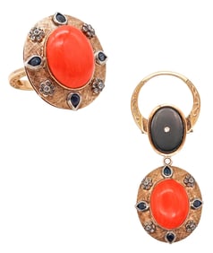 Convertible Pendant Ring In 18Kt Gold With Ctw In Diamonds Sapphires And Coral