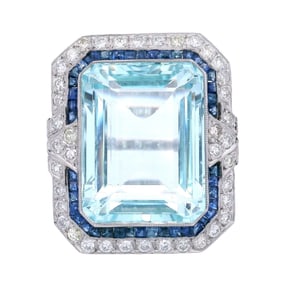 Art Deco style Platinum Cocktail Ring with 24.75 CTW in Aquamarine, blue Sapphires & Diamonds