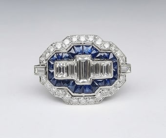 Art Deco style Platinum Ring with Diamonds and blue Sapphires