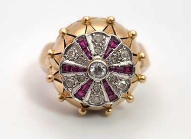 Art Deco 18kt yellow Gold Ring with Rubies and Diamonds