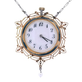 1900s Edwardian 18kt Gold Necklace Watch Gold With Guilloché Blue Enamel and Diamonds