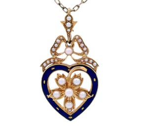 Edwardian 18kt Gold Heart Pendant Necklace with Blue Enamel