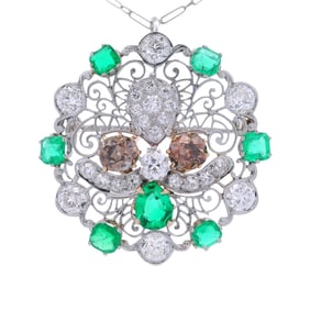 Platinum Brooch Pendant Necklace with 8.45 CTW in Diamonds and Emeralds