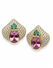 18K Yellow Gold Peridot, Kunzite, & Diamond Earrings