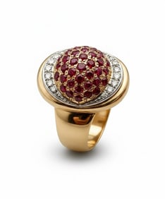 Retro 18kt Gold Chevalier Ring with Rubies and Diamonds