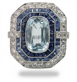 Art Deco style Platinum Ring with Aquamarine, blue Sapphires & Diamonds