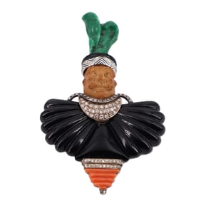 Antique H. Martinelli Multi-Gemstone Figural Brooch with Diamonds
