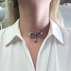 Victorian Platinum 14kt Gold & Silver Bow Necklace with Diamonds and Natural Pearls