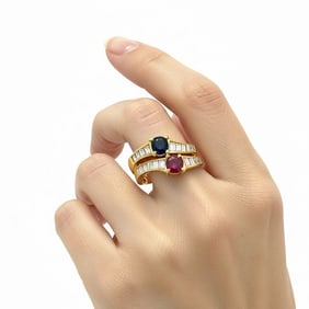 18K Yellow Gold Ruby, Sapphire, & Diamond Ring