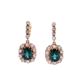 18kt yellow Gold Antique Drop Earrings with green Tourmaline and Diamonds