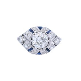 Art Deco style Platinum Ring with 1.00 Cts Euro cut Diamond and Sapphires