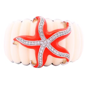 Angélique de Paris White & Coral Starfish Cuff Bracelet with CZ