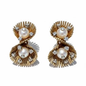 Retro 18K Yellow Gold Pearl & Diamond Earrings