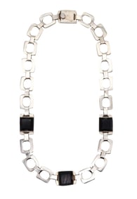 Taxco Modernist Geometric Necklace In .925 Sterling Silver & Onyx