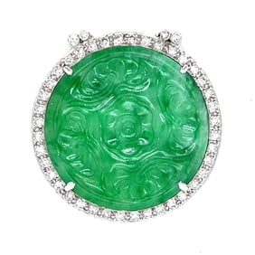 Art Deco Platinum Pendant Brooch with Carved Jade & Diamonds