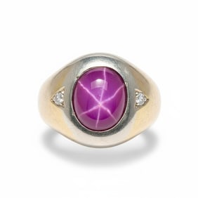 Mid-Century 18K white Gold Ring with Star Ruby & Diamonds