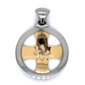 BVLGARI 18K Yellow Gold & Stainless Steel Tondo Cross Pendant