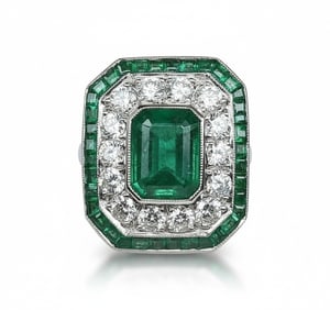 Platinum Art Deco style Ring with Emerald & Diamonds