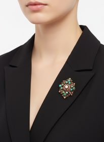 Edwardian 18kt Gold Brooch with Diamond and Turquoises